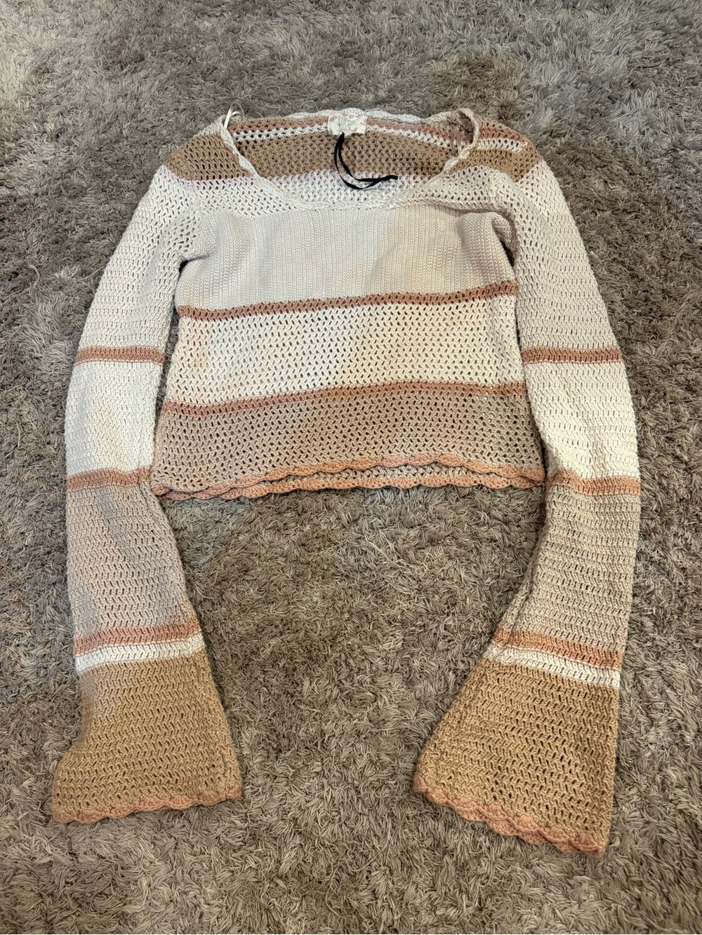 Hippie Rose Crochet Off-Shoulder Striped Sweater in Cream and Tan